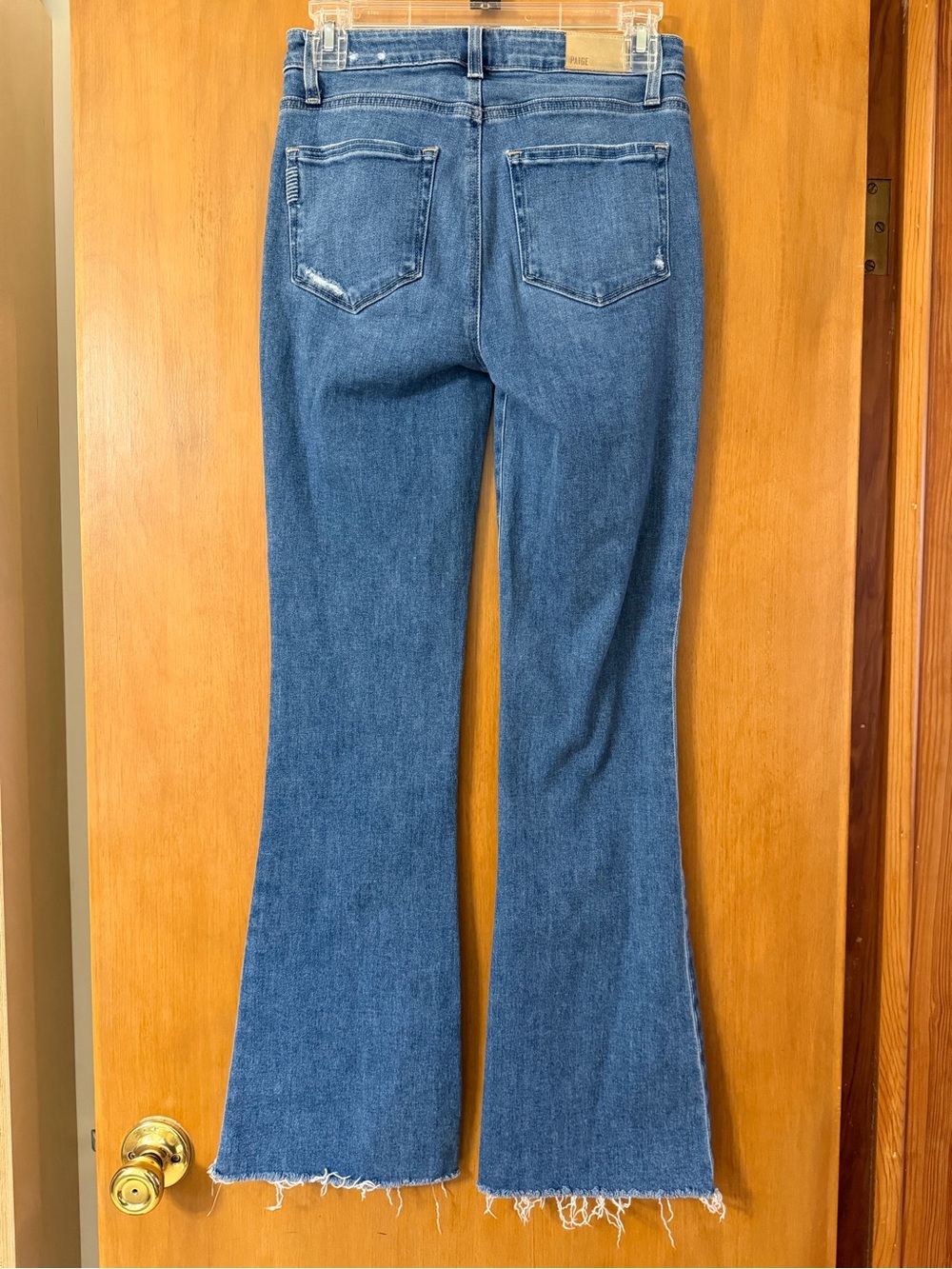 PAIGE Medium Blue Flare Jeans with Raw Hem Laurel Canyon - Picture 2 of 7